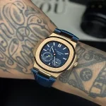 ساعت پتک فیلیپ ناتیلوس پاورگیج Patek Philippe Nautilus سرمه ای بند چرمی